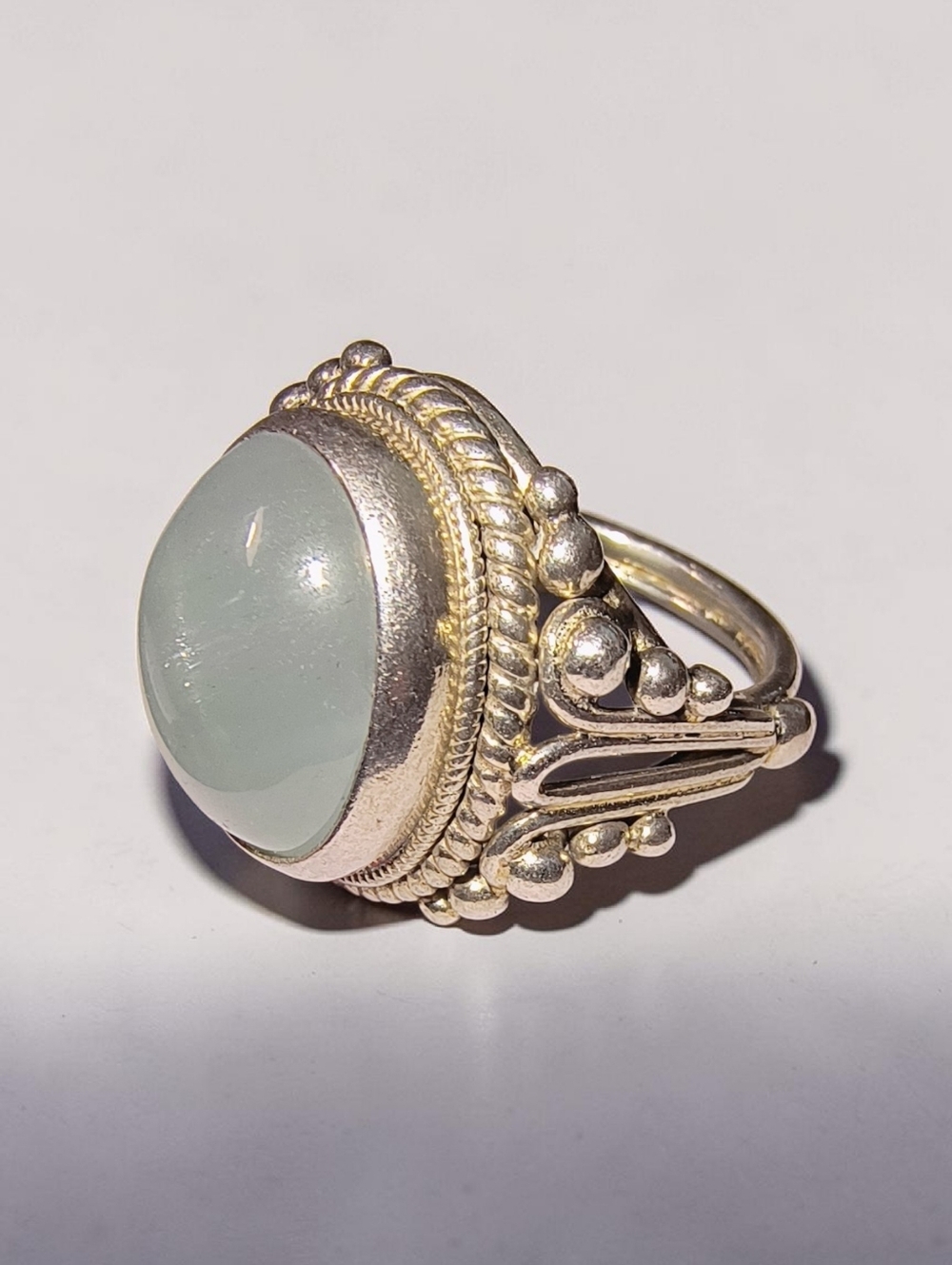 Milky Green Chalcedony And Sterling Silver Ring With Ornate Silver Beading